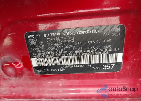 2021 Mitsubishi Outlander Sport 2.0 Be 2Wd/2.0 Es 2Wd/2.0 Le 2Wd/2.0 S 2Wd z USA, uszkodzony, nr VIN JA4APUAU7MU022479